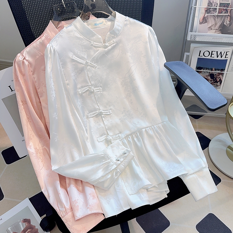 New Chinese Style National Style Button Top Women's High-end Chic Beautiful Small Shirt Belly Covering Tang Dress Loose Pink Shirt Autumn