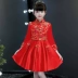 Quần áo trẻ em nữ mùa thu và mùa đông trẻ em nước ngoài ăn mặc kiểu Trung Quốc dài tay cô gái sườn xám đỏ trẻ em váy hoa