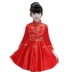 Quần áo trẻ em nữ mùa thu và mùa đông trẻ em nước ngoài ăn mặc kiểu Trung Quốc dài tay cô gái sườn xám đỏ trẻ em váy hoa