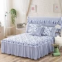 2018 cotton Hàn Quốc Công Chúa giường váy linen quilt cover bốn bộ 1.5 m1.8 m màu xanh và trắng sứ trải giường cover 	chân váy giường