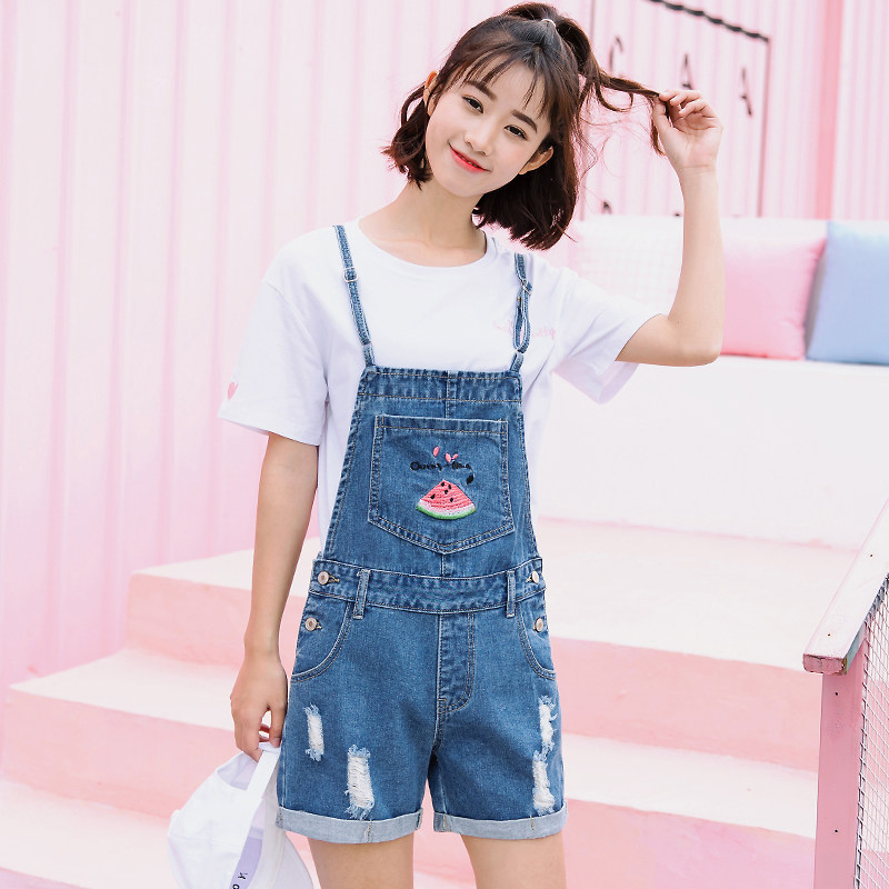 实拍9212#新款宽松森女风学生装牛仔背带短裤女