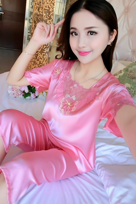 睡衣女夏短袖夏季套装冰丝绸女士性感薄款家居服夏天可外穿两件套-淘宝网