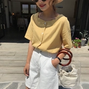 Mùa hè 2019 mới học sinh Hàn Quốc cổ áo vuông retro tay ngắn tay giản dị hoang dã đơn giản của phụ nữ - Áo sơ mi