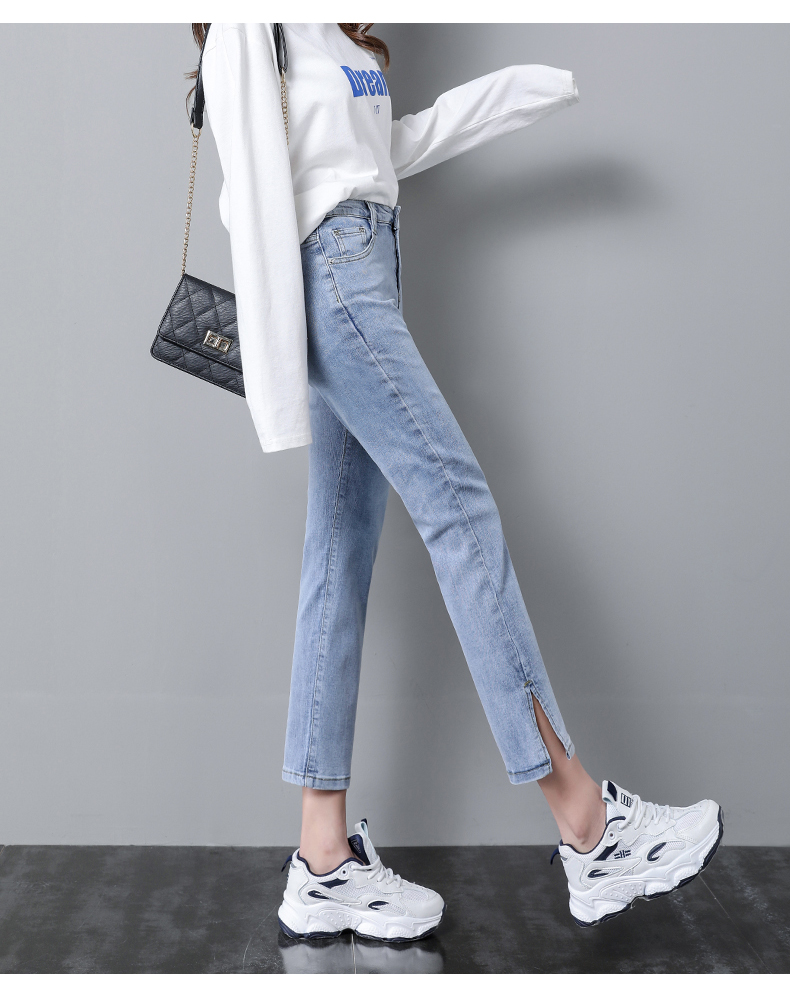 Light Blue [Capris]Straight pants female 2021 new pattern Hot money summer High waist Split Jeans Thin little chap Eight points Pipe pants