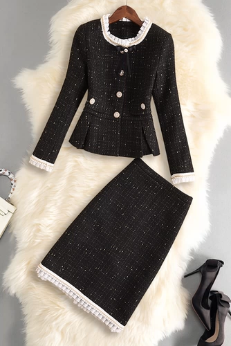 Демисезонный ретро комплект, европейский стиль, изысканный стиль, легкий роскошный стиль, с акцентом на бедрах