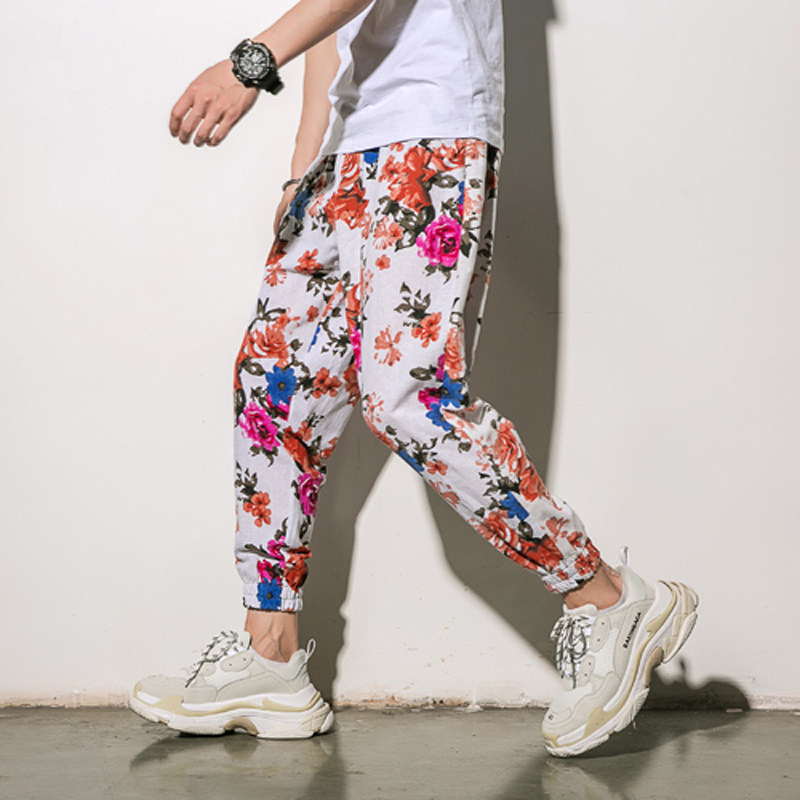 新款潮男裤亚麻九分裤男士休闲裤韩版宽松潮男花裤子313b-k34-p35