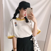 Mùa hè mới Hàn Quốc phiên bản của nhỏ tươi và đáng yêu thêu màu sắc tương phản ve áo ngắn tay T-Shirt nữ sinh viên Polo áo sơ mi triều