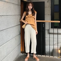 Hàn Quốc phiên bản của xù bên cổ áo sling tops + cao eo là mỏng và droopy chín điểm rộng chân quần thời trang giản dị phù hợp với nữ bộ vest nữ