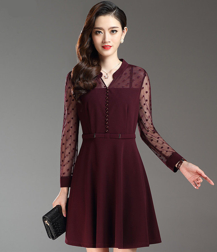 2016秋装新款韩版气质女装大码中腰修身显瘦a字裙纯色长袖连衣裙