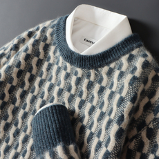 Свитер мужской 100%纯羊绒衫男秋冬新款圆领撞色加厚宽松休闲羊毛针织打底衫毛衣