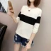 Băng lụa t-shirt nữ năm điểm ngắn tay mùa hè 2018 triều mới áo sơ mi loose knit đáy áo sọc t-shirt mỏng áo thun Áo / áo thun