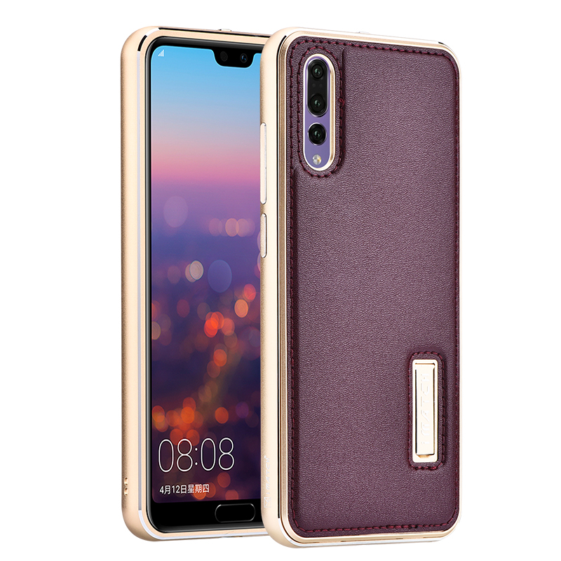 iMatch Luxury Aluminum Metal Bumper Premium Genuine Leather Back Cover Case for Huawei P20 Pro & Huawei P20