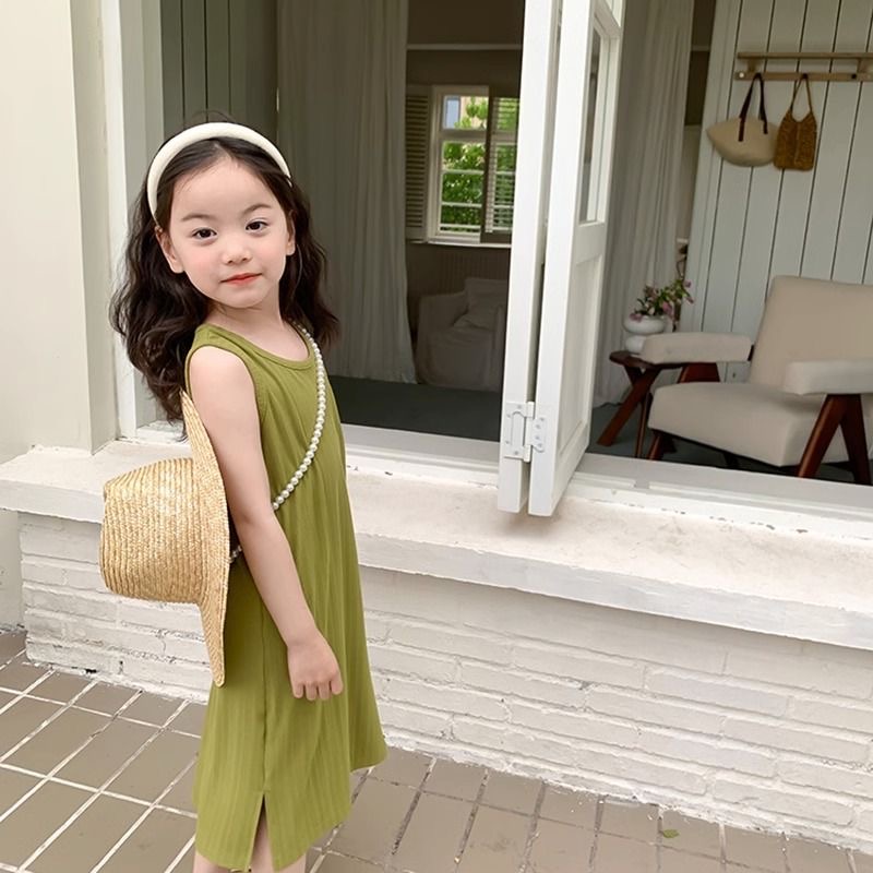 Girls' Solid Color Simple Sweet Vest Skirt Summer Korean Style Fashionable Slim-Fit Long Skirt Children's Stylish Dress