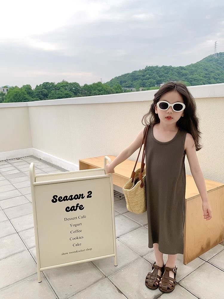 Girls' Solid Color Simple Sweet Vest Skirt Summer Korean Style Fashionable Slim-Fit Long Skirt Children's Stylish Dress