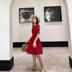 ◆ Yang Momo ◆ đầm ren Hàn Quốc phiên bản của vành đai thắt lưng một từ váy trumpet tay áo màu đỏ rỗng xếp li váy đầm chữ a dáng dài A-Line Váy