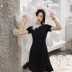 ◆ 杨 沫沫 ◆ gió lạnh đầm Hàn Quốc phiên bản của thắt lưng cao là mỏng một từ bất thường xù khâu nhỏ màu đen đầm A-Line Váy