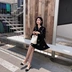 ◆ yang momo ◆ v- cổ trang phục Hàn Quốc phiên bản của lỏng mỏng một từ váy đèn lồng tay áo màu đen thêu váy chiffon mùa hè A-Line Váy