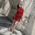 ◆ Yang Momo ◆ đầm voan Hàn Quốc phiên bản của eo cao một từ váy trumpet tay áo đỏ polo cổ áo ngắn bánh váy đầm chữ a đẹp A-Line Váy