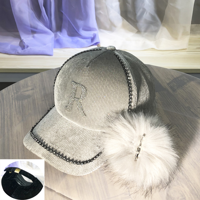 Denim GreyHat female original rhinestone M peaked cap Korean version tide Versatile Spring and Autumn keep warm Hairball student street Baseball cap