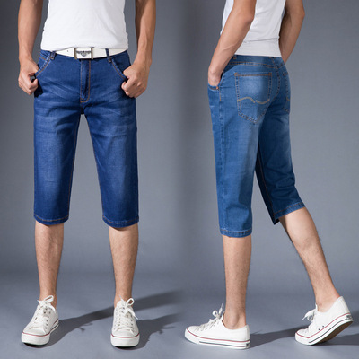 Mùa hè thích hợp quần jean nam thẳng mỏng người đàn ông trung niên khỏa thân quần short 6 căng cha 7-quần