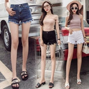 145 150cm nhỏ của phụ nữ mùa hè xs cộng với mã nhỏ phiên bản mới của Hàn Quốc của quần short denim cao lỗ hoang dã - Cộng với kích thước quần áo