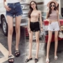 145 150cm nhỏ của phụ nữ mùa hè xs cộng với mã nhỏ phiên bản mới của Hàn Quốc của quần short denim cao lỗ hoang dã - Cộng với kích thước quần áo áo cardigan nữ