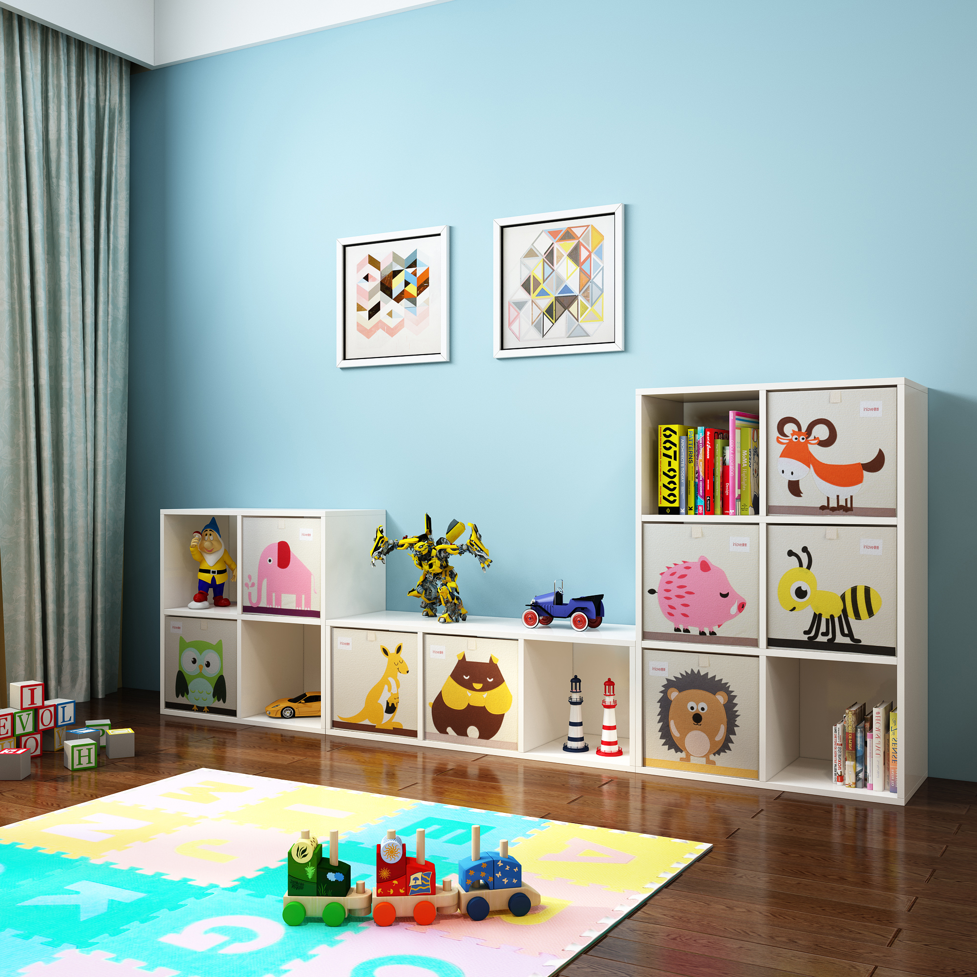стеллаж икеа для игрушек в детскую комнату с ящиками