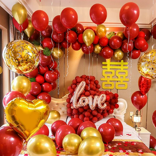 Свадебная компоновка свадебная спальня украшения конфессии на воздушные шары Комбинированные пакет сеть красная романтическая свадебная сцена праздничные поставки