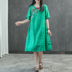 Cami mưa mới retro linen dress ladies ngắn tay chéo còng khóa thêu lỏng phần dài Một từ váy mẫu váy nhung xòe A-Line Váy