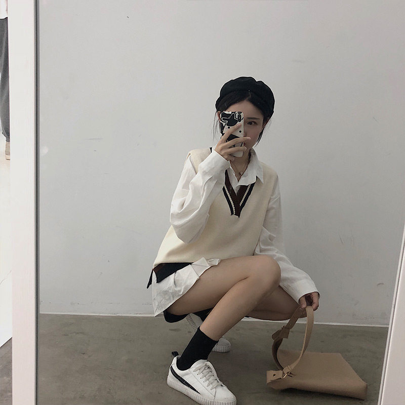 Này rất lớn 2018 mới đại học gió v- cổ vest tay mui xe Hàn Quốc phiên bản của lỏng hoang dã đan áo gi lê nữ