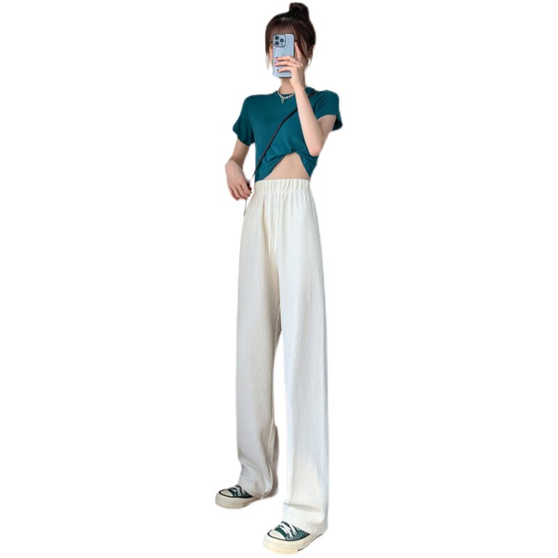High-waisted, drape, thin white ice silk wide-leg pants for women, 2022 summer new style, loose and casual straight-leg pants for petite women Item Picture