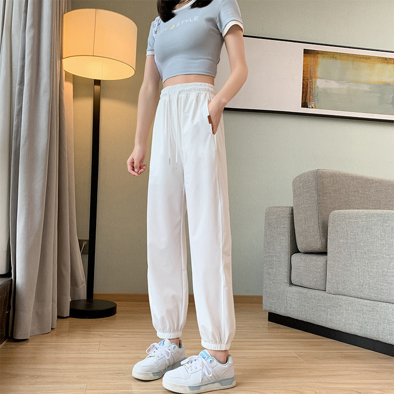 Ice silk sports pants for women's summer, thin design sense, 9-point Harem pants, loose and slimming, tight-fitting, petite casual pants details Picture