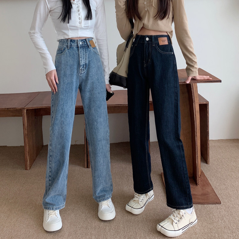 Dark blue women's loose high-waisted wide-leg pants 2022 summer new style black slimming straight-leg jeans details Picture