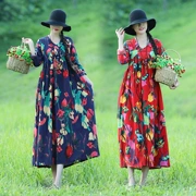 2018 mùa thu mới của phụ nữ gió quốc gia váy dài retro kích thước lớn cotton lỏng và lanh in váy dài tay nữ