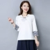 Mùa xuân 2018 mới phong cách quốc gia áo sơ mi nữ kích thước lớn Trung Quốc cotton và lanh in áo sơ mi chạm đáy áo thun 7 điểm tay áo - Áo phông áo thun tay lỡ Áo phông