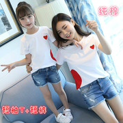 Mẹ và con gái cha mẹ và con thời trang mùa hè cô gái mới ngắn tay phù hợp với bông T-Shirt denim quần short giản dị hai mảnh