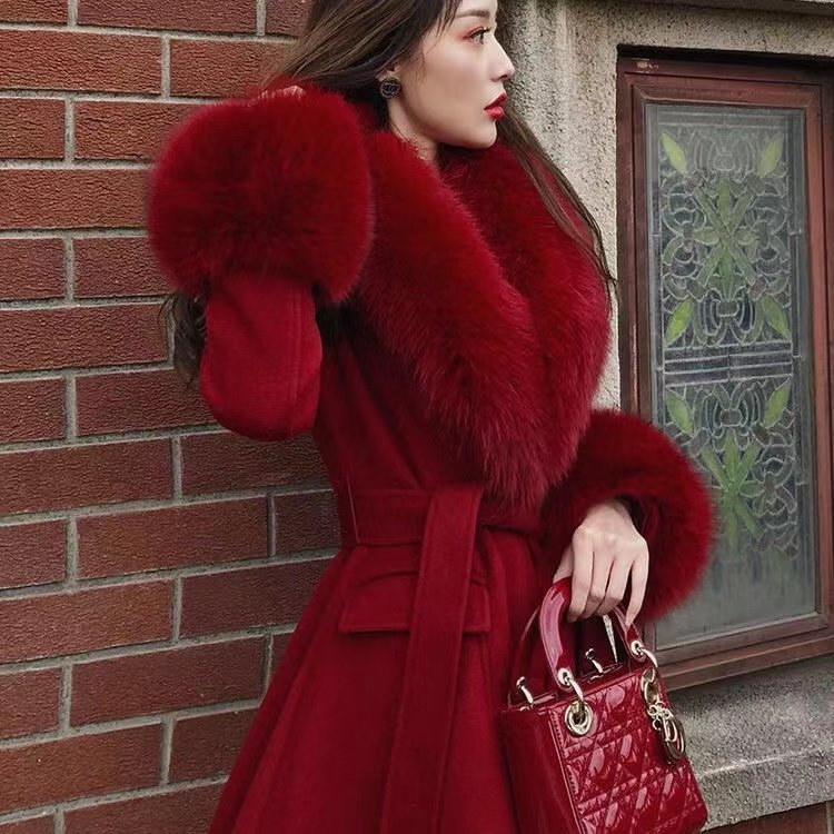 Women Big Fur Collar Long Trench Coat Wool Blend Faux Fur Cuff 