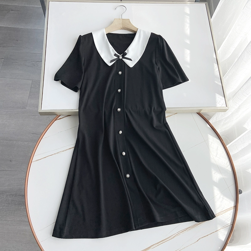 Ngoại thương phụ nữ quần áo mùa hè mới ngọt ngào tính khí trang trí nơ nhấn màu ve áo một dòng váy ngắn tay nữ váy nhỏ màu đen - A-Line Váy
