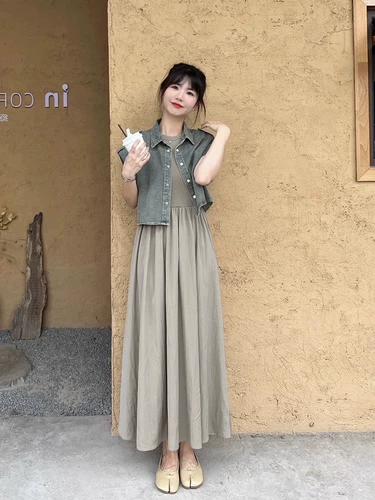 Летний комплект, джинсовый жилет, платье, городской стиль