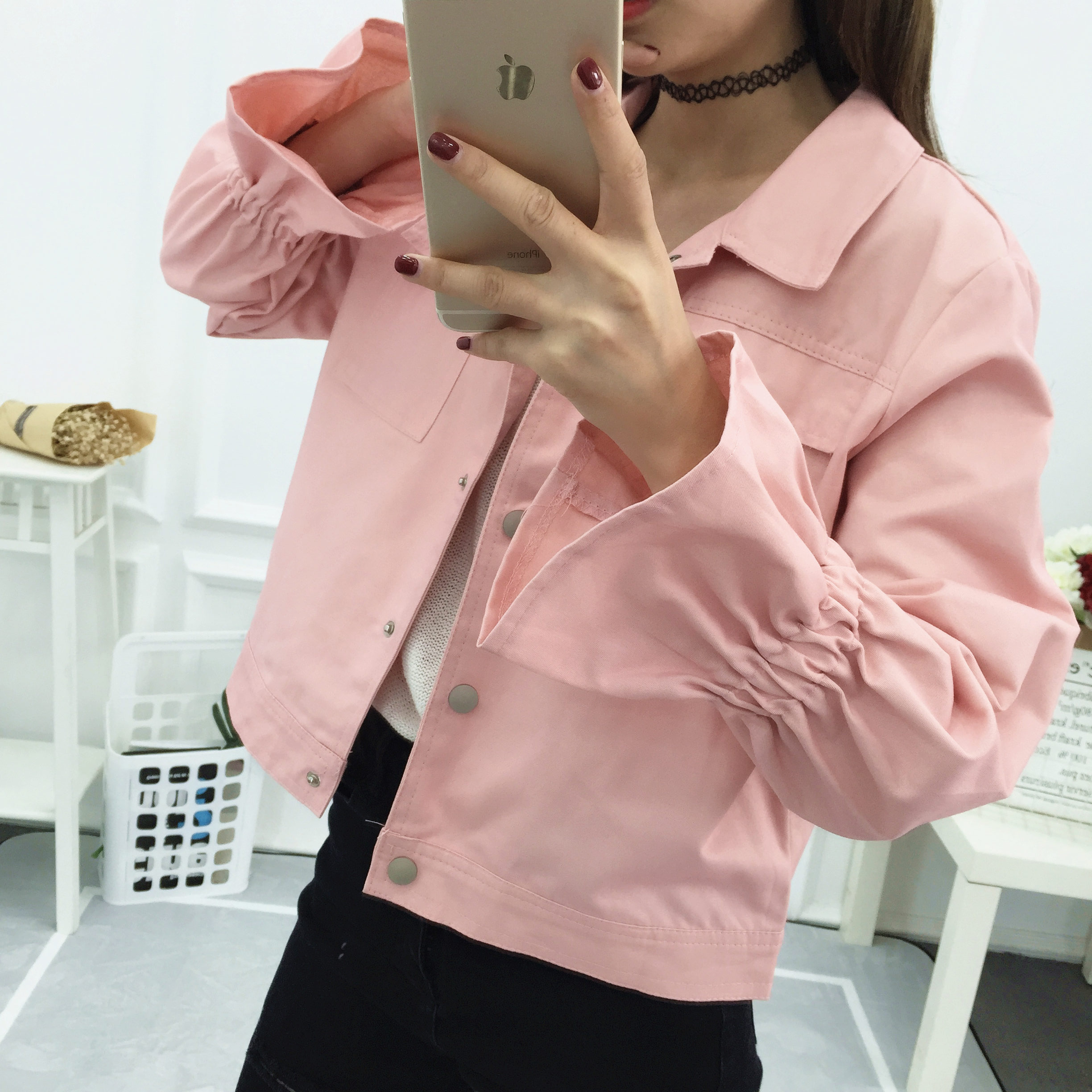 粉色牛仔短外套女2018春新款喇叭袖原宿风bf后背印花上衣学生