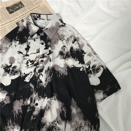 Melody windmill self made personalized shirt men's summer loose five sleeve flower inch shirt Korean casual Lapel top trend