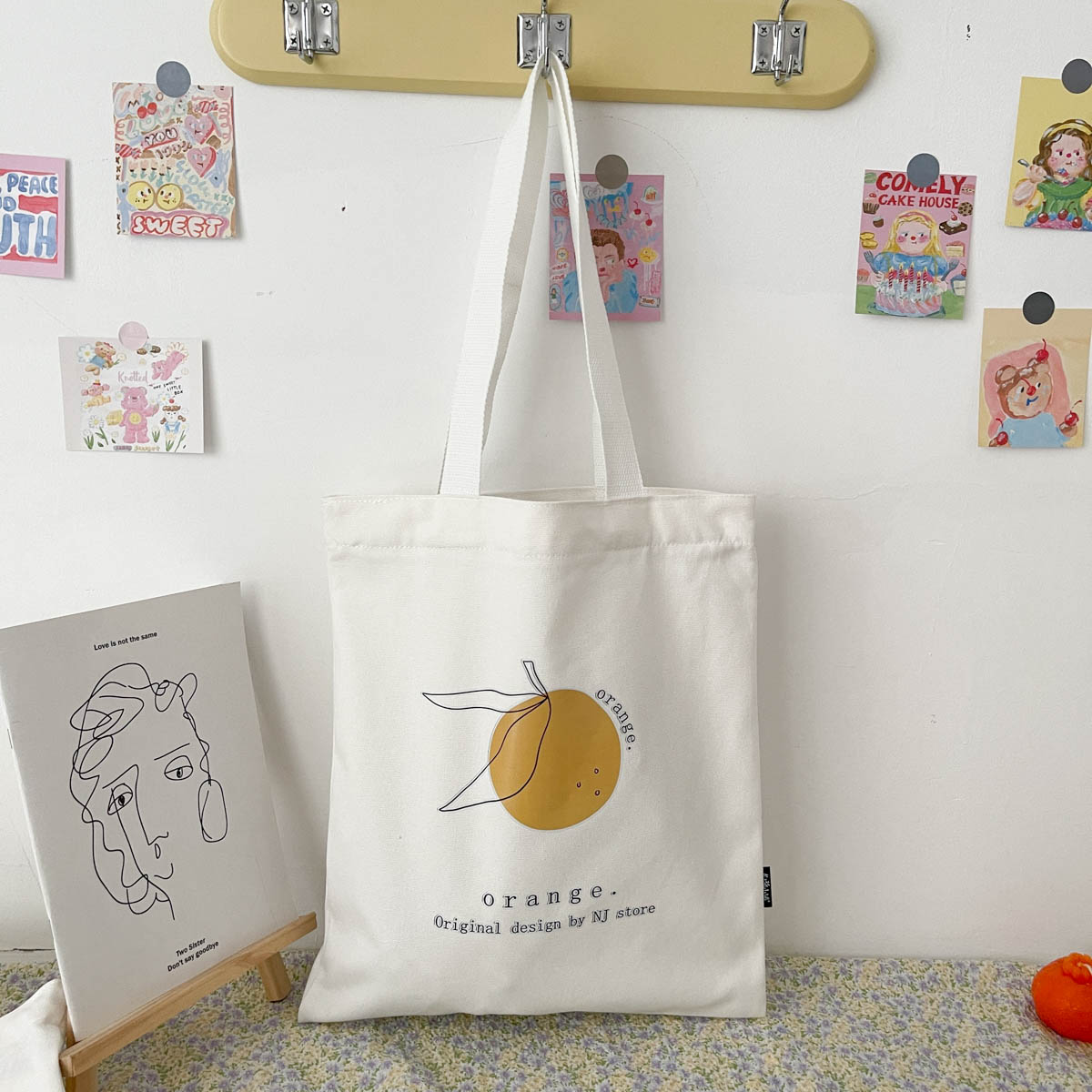 Hand Painted Orange Shoulder BagKorean version new pattern solar system commute Design Canvas bag The single shoulder bag high-capacity like a breath of fresh air Versatile Cloth bag female summer