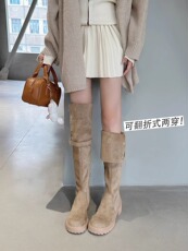 Западные Boots 复古棕色两穿西部靴秋冬新款麂皮绒高筒靴粗跟过膝长靴高筒骑士靴