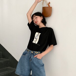 浅语桔独行女孩卡通印花短袖t恤