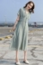 2019 phụ nữ mới mùa hè eo cao eo dài váy xanh voan nữ tay ngắn váy v-cổ dài - Váy dài
