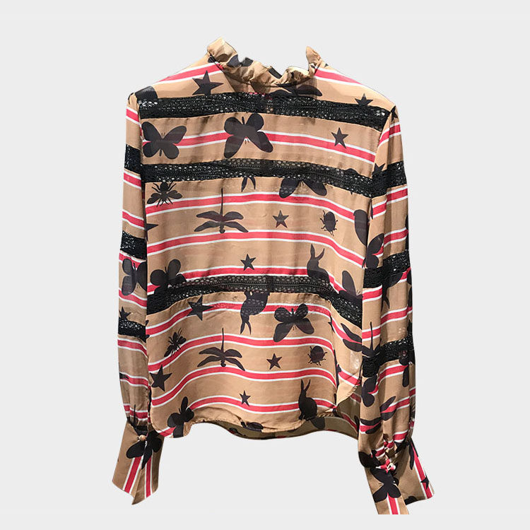 Các gnome đại sứ 2018 mùa thu mới bướm in dài tay voan áo sơ mi hoang dã slim ren shirt 2F3D522