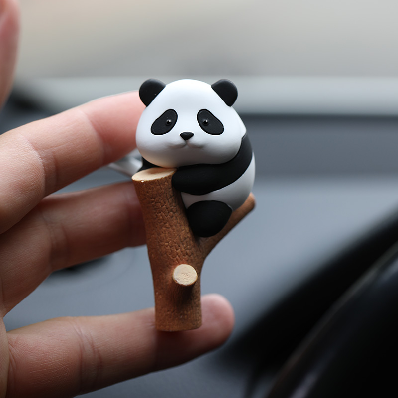 Pure handmade stone panda sitting on tree branches perfume aromatherapy air outlet car accessories_voghion.com