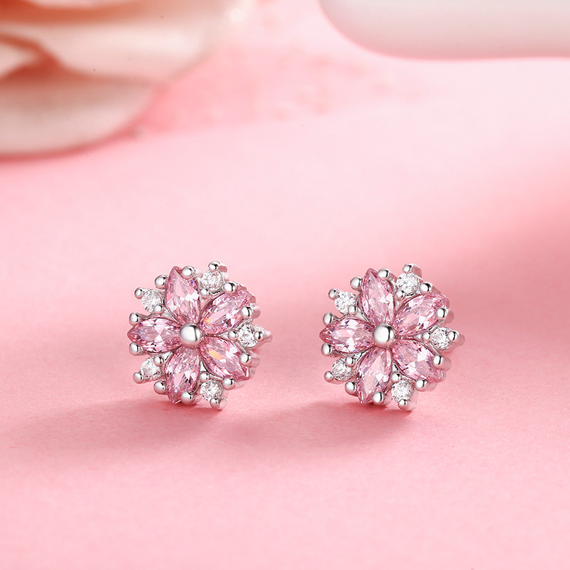 韩版文艺粉色樱花耳钉女s925纯银小耳饰简约气质耳环甜美银耳针_有个