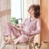 Bộ đồ ngủ Hàn Quốc Phụ nữ mùa xuân và mùa thu cotton dài tay dày mùa thu Emerald Emerald Lapel Dịch vụ tại nhà Bộ bông - Bên ngoài ăn mặc