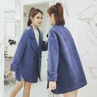 Chống mùa áo khoác nữ 2018 mới của Hàn Quốc phụ nữ len áo len nhỏ lỏng lẻo lỏng màu xanh áo len áo khoác dạ kẻ caro dáng ngắn